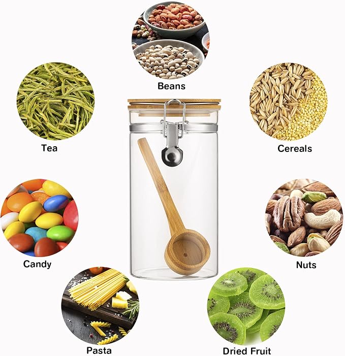 Coffee Container with Shelf: 3P 45OZ Glass Airtight Coffee Holder | Large Capacity Coffee Canister w/Wooden Scoop - Kitchen Food Storage Jar for Ground Coffee/Tea/Sugar/Cereal/Nuts/Coffee Bar