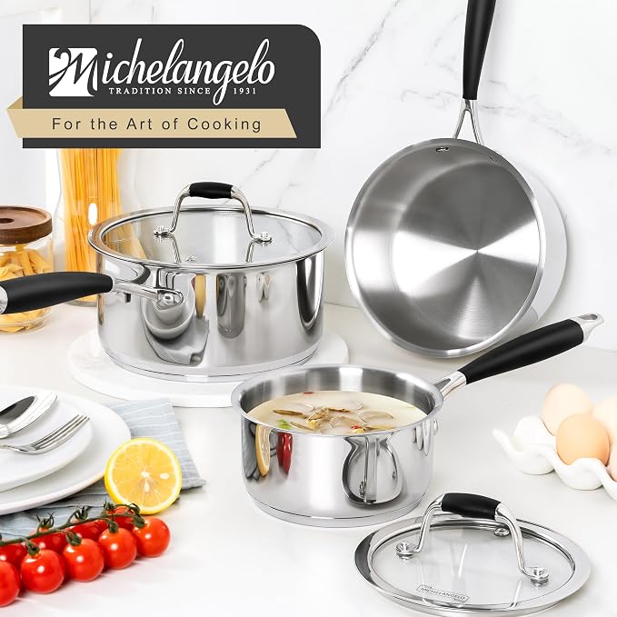 MICHELANGELO Triply Stainless Steel Saucepan with Lid 6 Pcs, Stainless Steel Sauce Pan with Bakelite Handle, Multipurpose Saucepans Set for Kitchen Cooking, Induction Compatible - 1QT & 2QT & 3QT