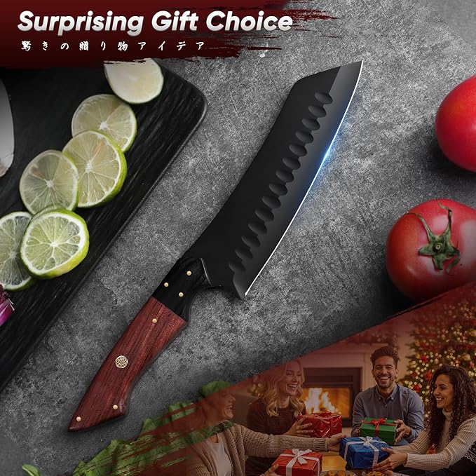 TIVOLI Santoku Knife 7 Inch - Japanese Chef Knife for Fish - Bunka Knives | German High-carbon Steel, Full Tang, Ergonomic Walnut Handle, Gift Box, Dual-Tech Black Shield