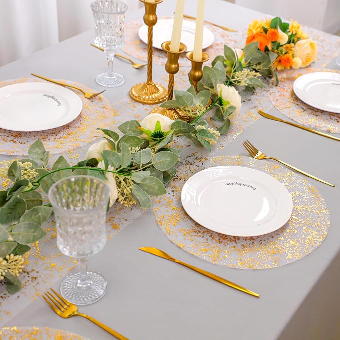 Snowkingdom Gold Placemats Set of 50, Golden Metallic Glitter Sheer Gauze Round 13 Inch Disposable Doilies Charger Place Mats, Dinning Table Mats for Party Wedding Birthday Christmas Holiday