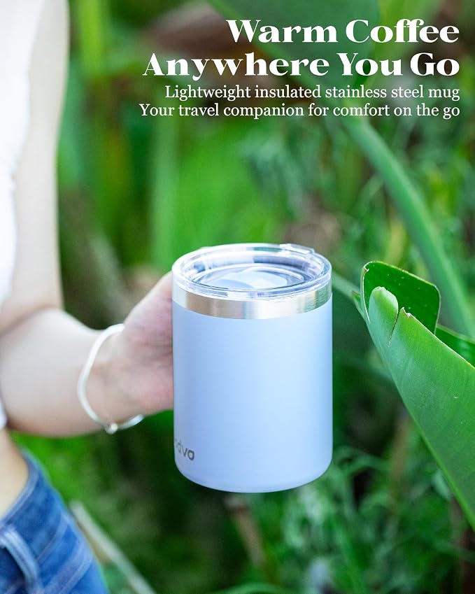12oz Insulated Coffee Mug with Lid – Includes Two Lids, Stainless Steel Coffee Travel Mug with Handle, Double Wall Vacuum Insulated Camping Mug for Home, Office & Outdoor, Light Blue