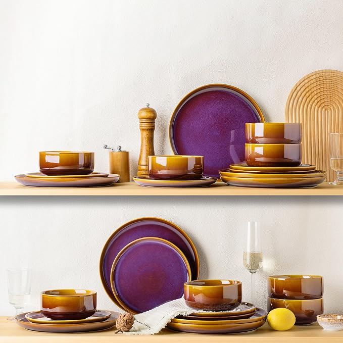 Ceramic Dinnerware Set for 8, 24-Piece Plates and Bowls Set | Handmade Reactive Glaze Dish Set, Scratch Resistant, Oven & Microwave & Dishwasher Safe, Amber Amethyst