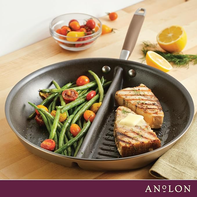 Anolon Advanced Home Hard Anodized Nonstick Divided Grill and Griddle Pan, 12.5 Inch, Bronze
