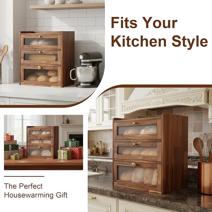 3 Layer Wooden Bread Box with Acrylic Window, Large Capacity | Vintage Kitchen Countertop Food Organizer; Pantry Shelf with Magnetic Door and Rear Ventilation; Housewarming Gift