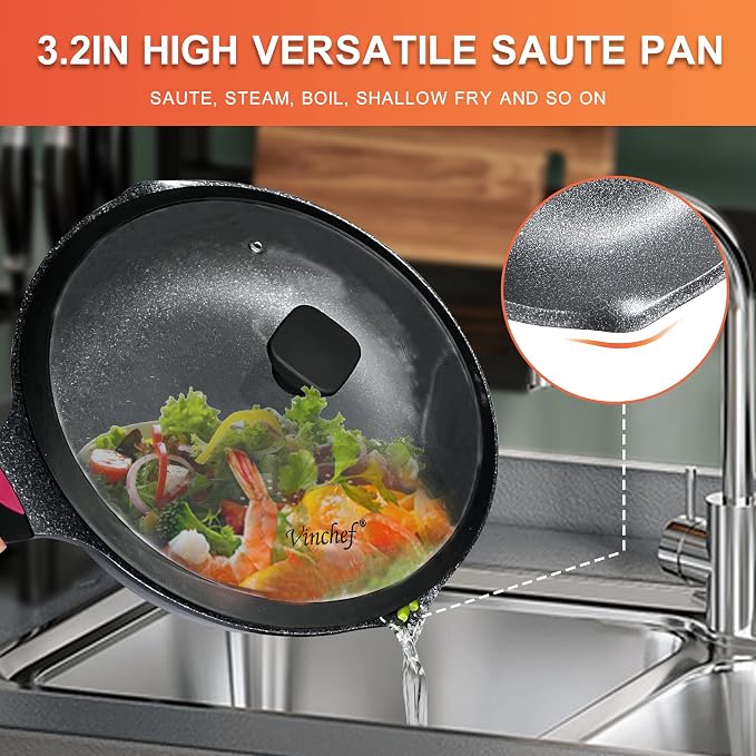 Vinchef 11 Inch/5QT Durable Deep Nonstick Skillet with Lid, Black | deep frying pan,heat indicator.Anti-scratch, anti-stain, induction-compatible, easy clean, ideal for sautéing & frying.