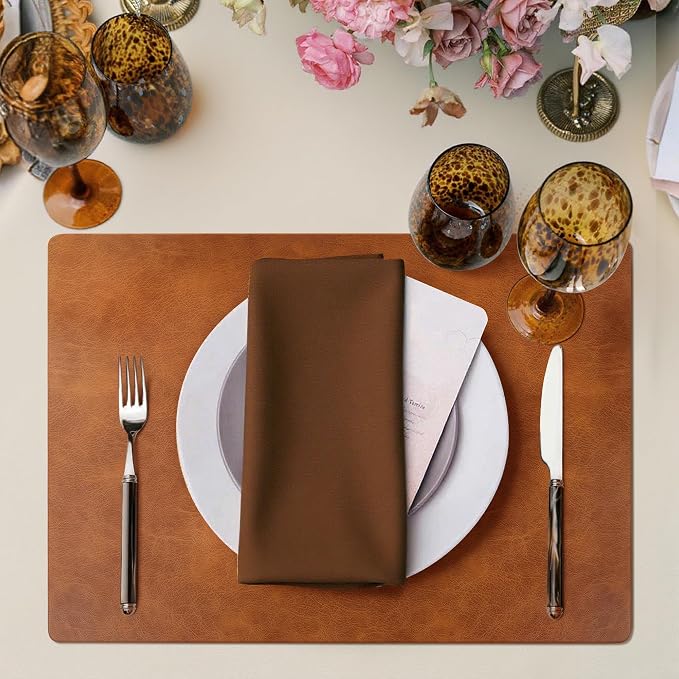 Roxifina Vinyl Placemats Set of 8 - Faux Leather Waterproof Washable PU Place Mats, Heat Resistant 12 x 17 Inch Easy Clean Wipeable Non-Slip Table Mats for Dining, Kitchen, Outdoor (Reddish Brown)