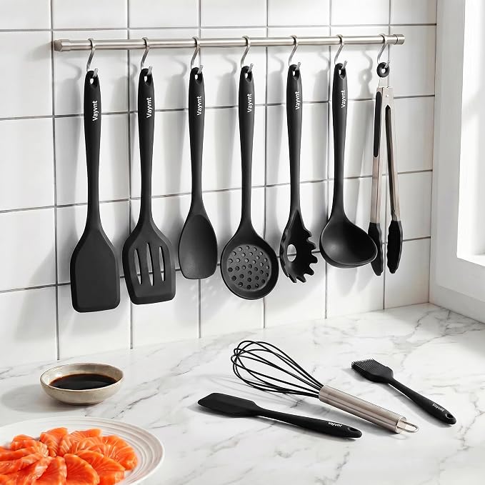 Vayvnt Kitchen Utensils Set, 10PCS Silicone Utensils Set for Cooking, Black | Non Toxic, One-piece Silicone, Non Scratch on Pot and Pans, Heat Resistant to 480℉, Food Grade Spoon Whisk, Dishwasher Safe