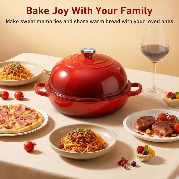 Cast Iron Dutch Oven with Lid, 6 Quart Enameled Bread Oven for Sourdough Baking, Round Heavy Duty Cast Iron Pot with Dome Lid, Red