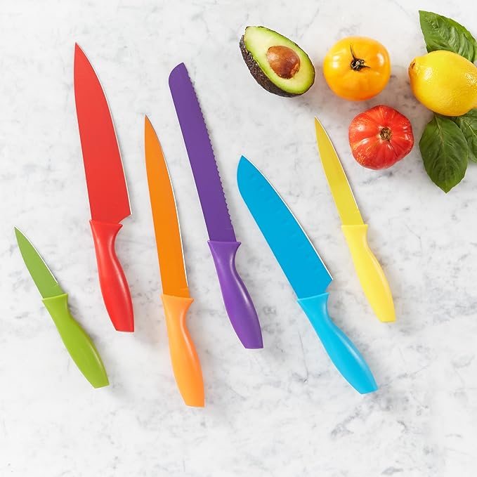 Amazon Basics Color-Coded Dishwasher Safe Kitchen Knife Set, 12-Piece with Ergonomic Handles, Non-stick Sharp Blades, 6 Knives with 6 Blade Guards, Multicolor, 13.88 x 4.13 x 1.38 inch