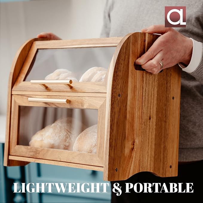 Arise Acacia Wooden Bread Box for Kitchen Countertop, Extra Large 2-Shelf | Bread Storage Container with Clear Windows & Air Vents, Bread Bin & Keeper, Keeps Bagels, Rolls & Buns Fresh, Self Assembly