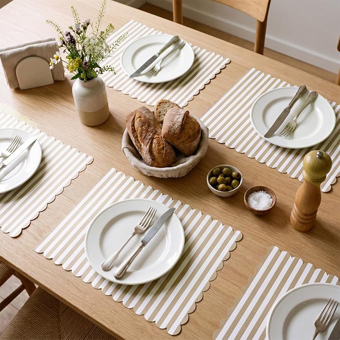 100 Pcs Beige White Stripes Place Mats Farmhouse Scalloped Dusty Scalloped Checkered Placemats Disposable Striped Place Mats for Wedding Bridal Shower Picnic Banquet Home Table