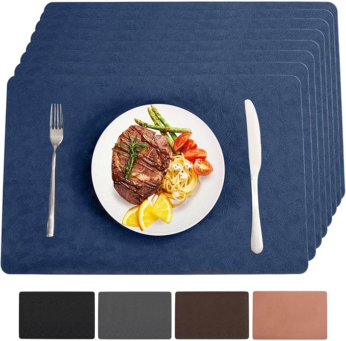 Blue Vinyl Placemats Set of 8 Waterproof Wipeable Table Mats | Heat Resistant Easy Clean Place Mats Faux Leather Table Mats Washable PVC Table Placemats for Dining Table