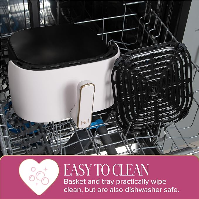 Paris Hilton 6-Quart Air Fryer, Nonstick Basket Made Without PFAS, Touchscreen, 8-in-1 (Fry, Roast, Broil, Bake, Reheat, Keep Warm, Pizza, Dehydrate), Dishwasher Safe Basket and Crisping Tray, White