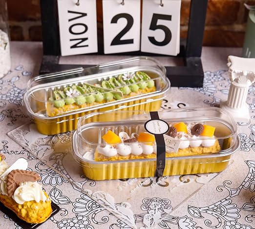 NPLUX Loaf Pans with Lids, 100 Pack Gold 6.8oz for Dessert Displays | Works for sweet bites, savory samples, dips and layered cups; single-base workflow helps limit dish handling.