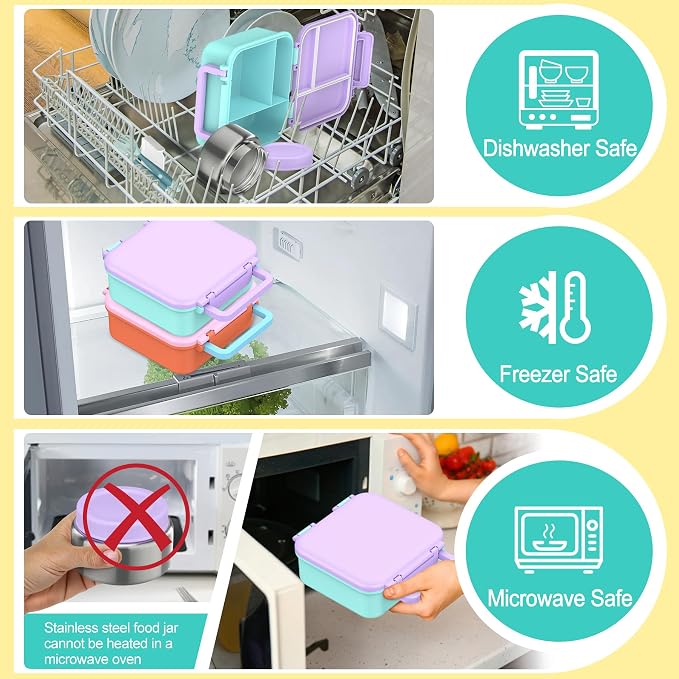 Bento Lunch Box for Kids with 9oz Thermo, Leak-proof Lunch Containers with 3 Compartments,Kids-friendly Size,Durable/Dishwasher Safe Lunch Box for School Outdoors-Purple-blue