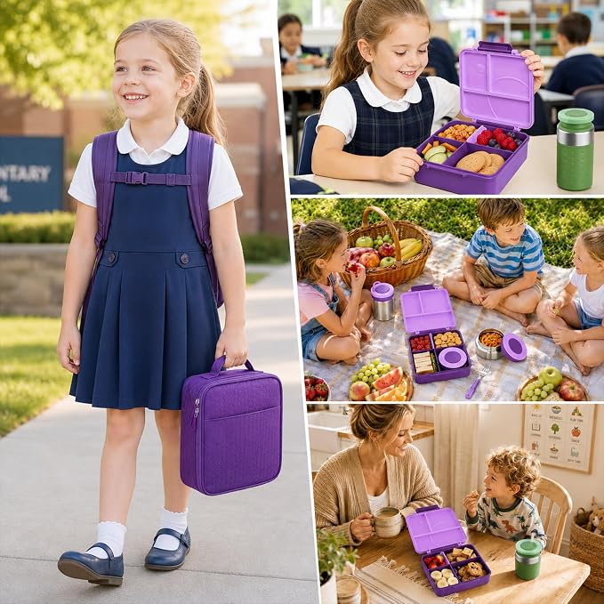 Bento Lunch Box Set for Kids with 8oz Soup Thermo, Leak-Proof Lunch Containers with 4 Compartment, Kids Thermo Hot Food Jar and Insulated Lunch Bag for Kid to School-Purple