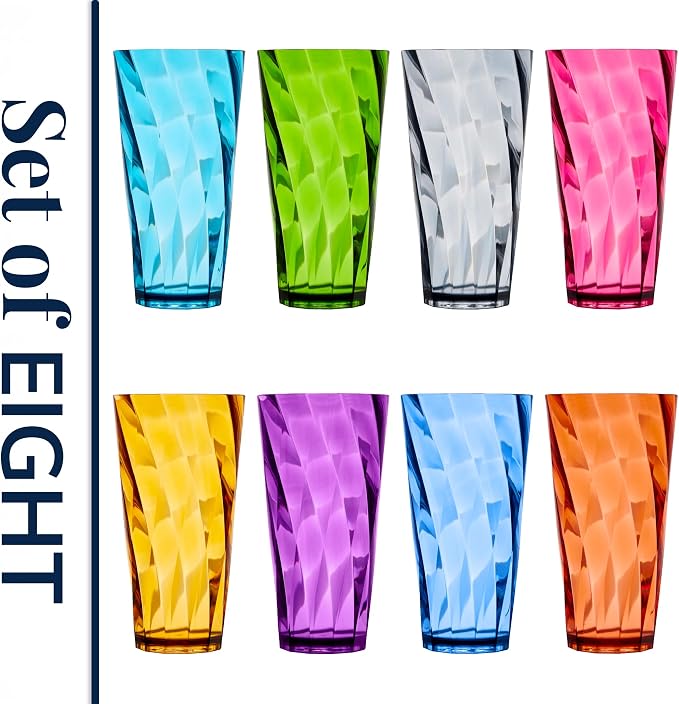 US Acrylic Optix Plastic Reusable Drinking Glasses (Set of 8) 26oz Iced-Tea Cups in Jewel Tone Colors | BPA-Free Tumblers, Made in USA | Top-Rack Dishwasher Safe