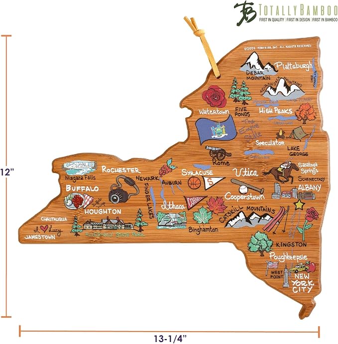 Totally Bamboo New York State Shaped Cutting Board, Art by Fish Kiss | State charcuterie board with colorful hand-drawn map artwork. Smooth reverse side for food prep. Hang tie for wall display.