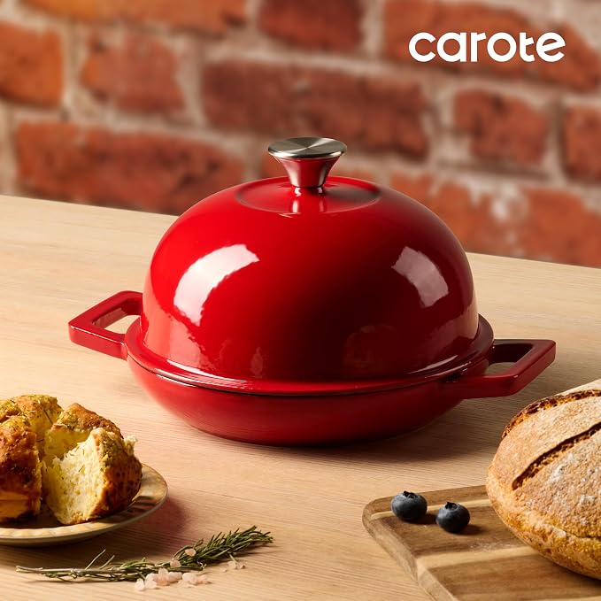 CAROTE 5QT Enameled Cast Iron Dutch Oven, Red Round Bread Oven | Homemade Sourdough Bread Baking, Healthy & Non-Toxic, Dual Handles, All Stovetop Compatible, Oven Safe up to 500° F