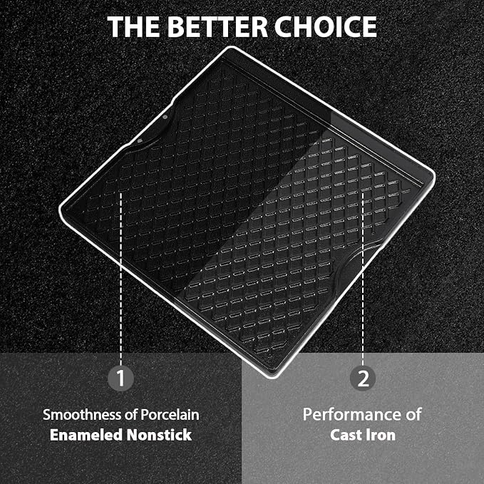 Utheer Reversible Cast Iron Griddle, Ceramic Nonstick Grill Pan for BBQ | 15.18 lb cast iron body with grease trap and raised edges, PFOA-free ceramic coating simplifies cleanup.