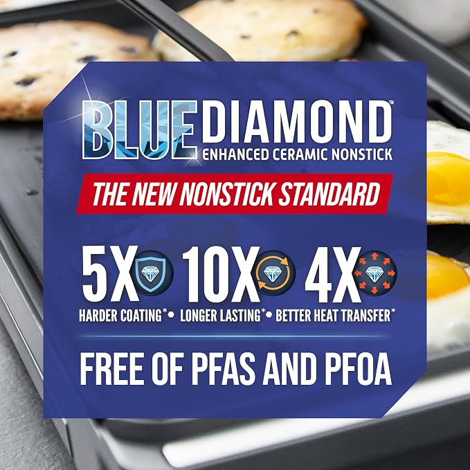 Blue Diamond 20" XL Electric Griddle, Graphite | PFAS-Free Ceramic Nonstick, Flat Top Grill/Griddle, Removable Drip Tray, Warming Drawer, Easy-Clean Design, Pancakes, Burgers