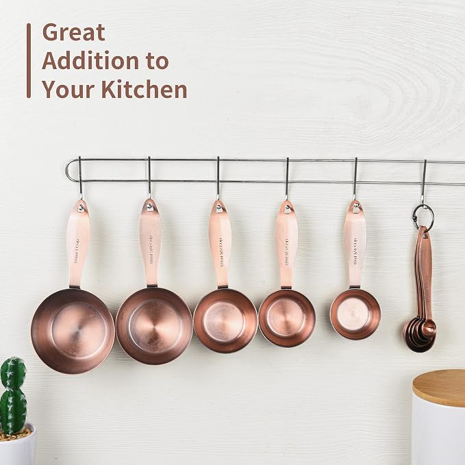 Copper measuring cups and spoons set,Includes Stainless Steel 5 Measuring Cups and 5 Measuring Spoons and Measure Ingredient Leveler and Rings(copper)