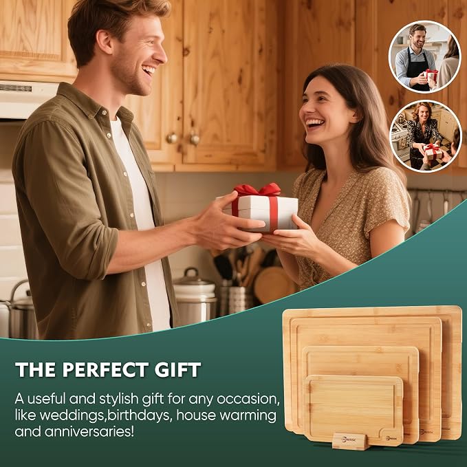 Bamboo Cutting Board Natural Bamboo Set With Smooth Surface 4 Packs with Non Slip Feet Holder and Over Sink Solid Thick Durable Wood Charcuterie Serving Tray Vegetables Fruits Kitchen Gifts (Natural)