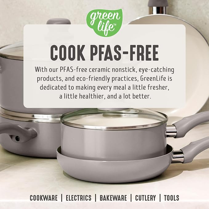 GreenLife 2 Piece (8" & 10") Ceramic Nonstick Skillet Set, Light Gray | PFAS-Free Nonstick Coating, Frying Pans, Omelet Pans, Everyday Pan, Induction Ready, All Stovetop Compatible, Dishwasher Safe