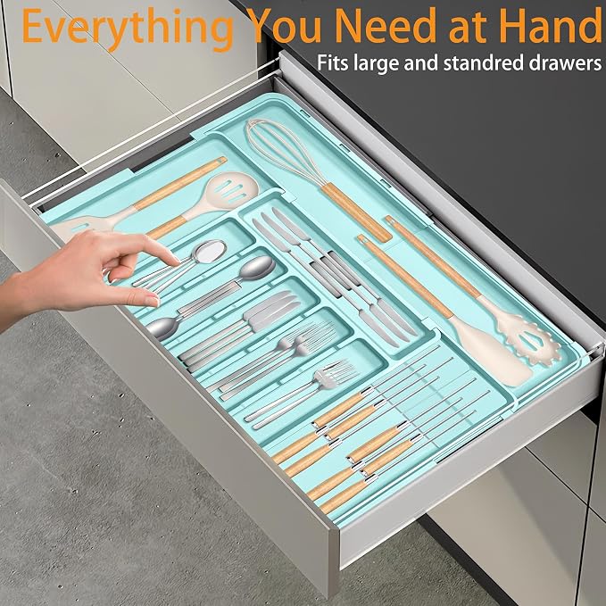 Silverware Organizer - Expandable Large Kitchen Drawer Organizer Utensil Organizer with 2 Knife Block Inserts, 22"x 19"Cutlery Tray with Drawer Dividers for Kitchen Flatware (Turquoise)