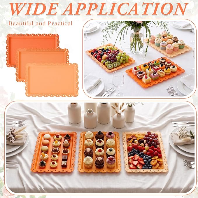 3 Pcs Orange Serving Trays Plastic Platters Dessert Cupcake Holder Party Supplies 14.4 x 9.3 Inches Rectangular Cookie Snack Display Tray for Wedding Restaurant
