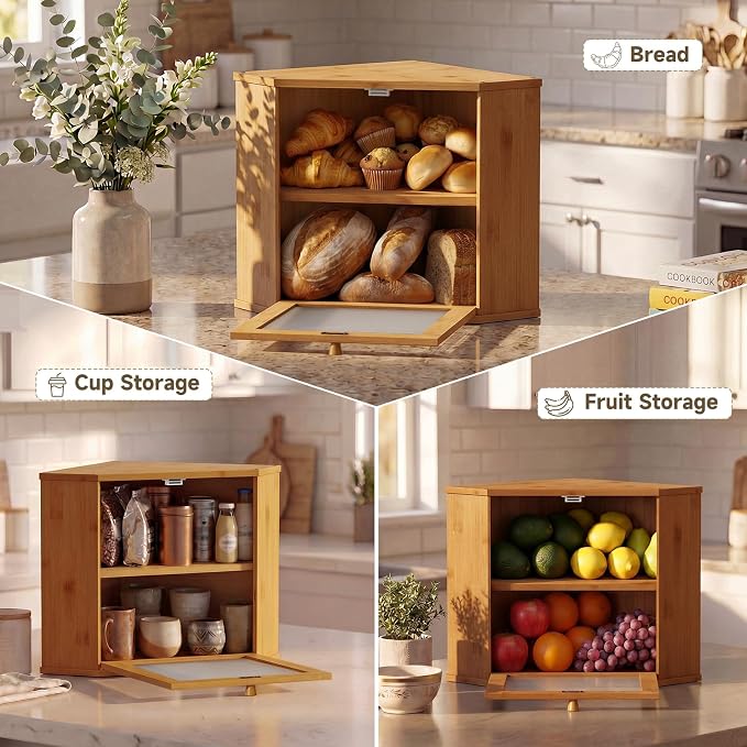 Bread Box for Kitchen Corner Countertop,Large Bread Basket (Brown, Large) | Double Layer Bamboo Bread Storage Container for Kitchen Countertop,Height Adjustable