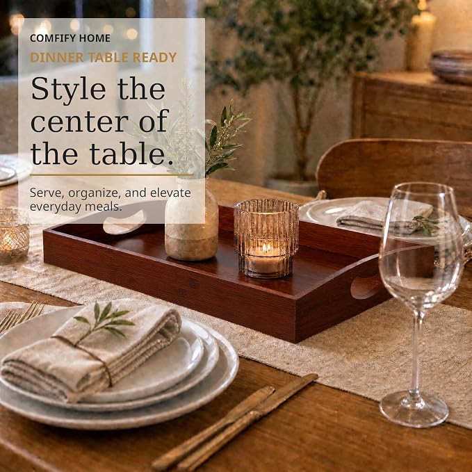 Comfify Dark Brown Bamboo Serving Trays Set of 3 – Nesting Ottoman Trays | Dark-stained bamboo with walnut tones; cutout handles; for coffee table, bar and bedroom dresser; S: 12", M: 14.5", L: 16.25"