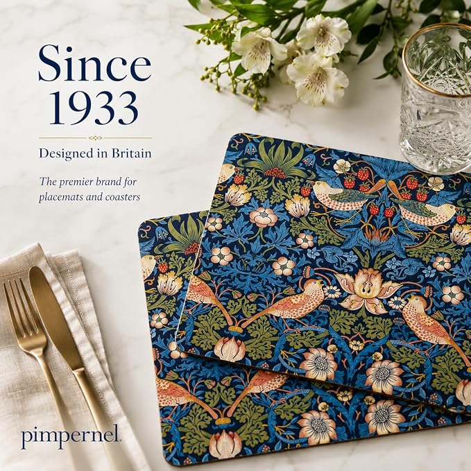 Pimpernel Morris & Co Strawberry Thief Blue Placemats, Set of 4 - Stain Resistant & Heat Safe Fabric-Feel Table Mats with Birds & Botanical Pattern for Stylish Dining & Entertaining