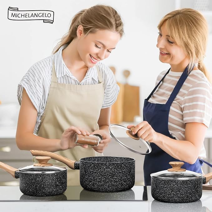 MICHELANGELO Saucepan Set, 3-Piece Nonstick Sauce Pans with Lids, 1QT, 2QT, 3QT, Black Granite Stone
