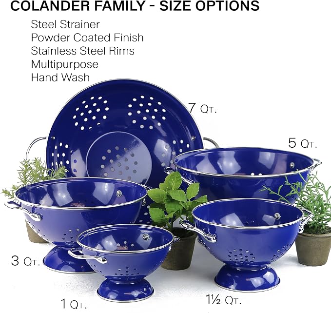Reston Lloyd, 3 Quart Powder Coated Steel Kitchen Strainer Basket for draining Pasta, Vegetable and Fruit, Chrome Handles and Wide Stable Base, Indigo