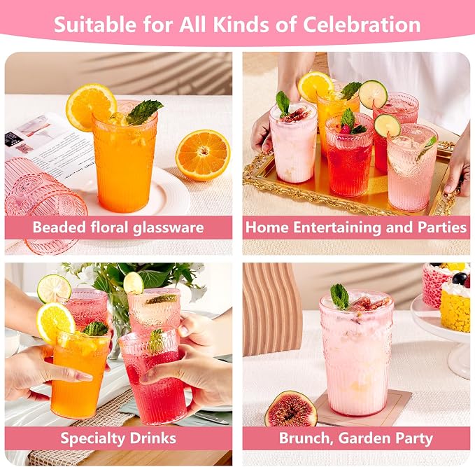 Ciaell 12 Pack Pink Plastic Water Glasses for Parties | 14 oz Pink Embossed Ribbed Vintage Drinking Cups, Heavy Duty Plastic, Beer Juice Cocktails for Weddings Outdoor Brunch