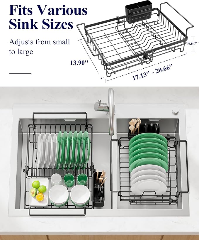 Kitsure Expandable in-Sink or Over-Sink Dish Drying Rack, X-Large, Black | Rust-Resistant Dish Rack for Kitchen Counter, Dish Drainer with Cutlery Holder, 10.82"-17.12" L x 11.02" W x 3.93" H