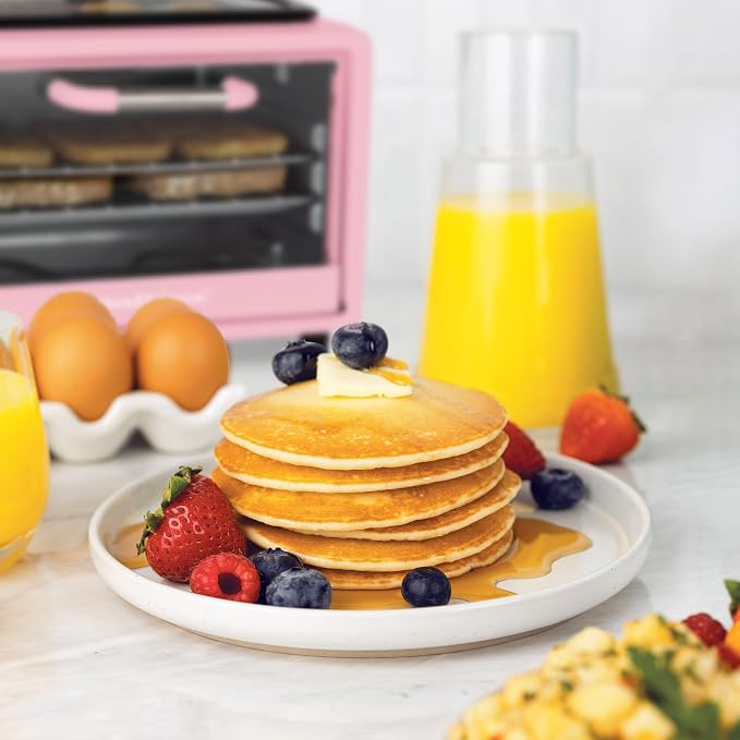 Nostalgia 3-in-1 Retro Breakfast Station - Includes 5 (4 Oz) Cup Coffee Maker, Non-Stick Ceramic Griddle, and 4-Slice Toaster Oven - Built-In Timer, Reusable Coffee Filter, Space-Saving Design - Pink