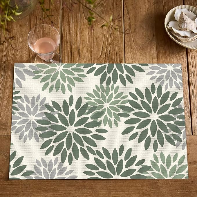 Artoid Mode Floral Vinyl Placemats Set of 4, 12x18 Inch Thanksgiving Washable Non-Slip Plastic Vinyl Place Mats for Party Kitchen Dining Decor, Olive Green