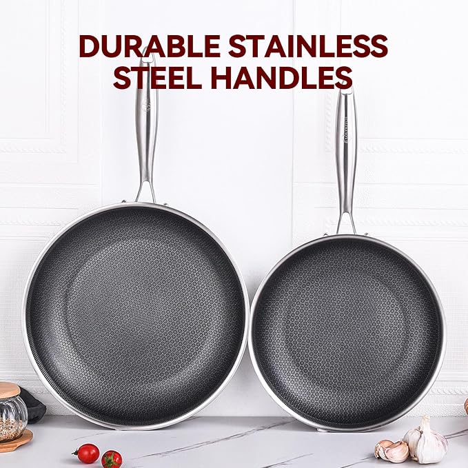 LOLYKITCH 10 12 Inch Nonstick Frying Pan Set with Lids | PFOA Free | Hybrid Stainless Steel Skillet | Non-Toxic | Stay-Cool Detachable Handle | Dishwasher and Oven Safe | Induction Ready
