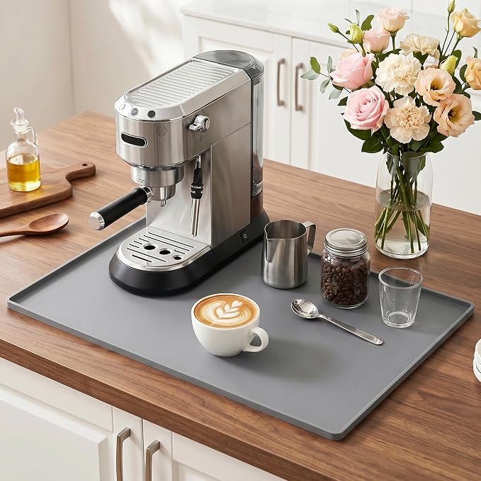 Golener Coffee Bar Mat, Silicone Coffee Mat with Raised Edges, 24"x16" | Coffee Mat for Countertop, Waterproof Coffee Station Mat, Dish Drying Mat Under Rack, Heat Resistant Coffee Machine Mat, Gray