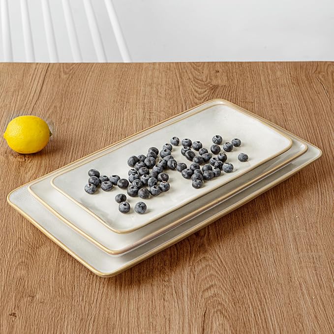 Famiware Serving Platters Set of 3 Sizes - Rectangular, Cappuccino White | 15.67"/14.1"/12.6" Fine Stoneware Serving Trays for Party, Entertaining for Food, Turkey, Cheese, Microwave Dishwasher Safe