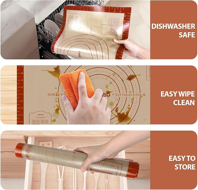 Silicone Pastry Mat, 16" x 24" Silicone Baking Mat | Reusable Non-Stick Extra Large Dough Mat with Measurement for Pie Crust, Pizza and Cookies, Counter Rolling Dough