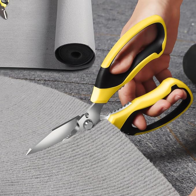 BoFuYuan Utility Scissors All Purpose heavy duty 8-Inch Yellow | Comfort Grip, Sharp Serrated Blades Cutting Carpet Cardboard Wire Fabric, Multipurpose Shears for Kitchen Garden Office Craft