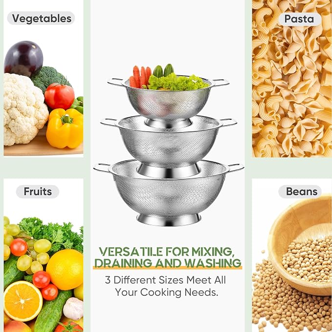 3 Pcs Stainless Steel Colander Set Colander Bowl and Sieves 1/3/5 Quart Metal Mesh Strainer Net Basket with Handles Food Spaghetti Strainer for Kitchen Draining Pasta Rinsing(Silver)