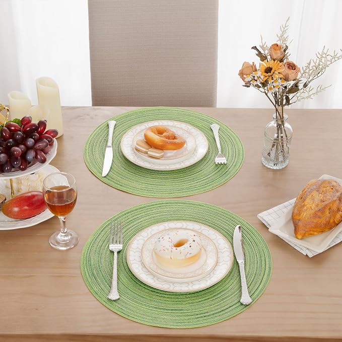 SHACOS Round Placemats Set of 4 Round Table Placemats Braided Cotton Place Mats 15 inch for Kitchen Dining Table Holiday Party (Mixed Color Pea Green, 4)