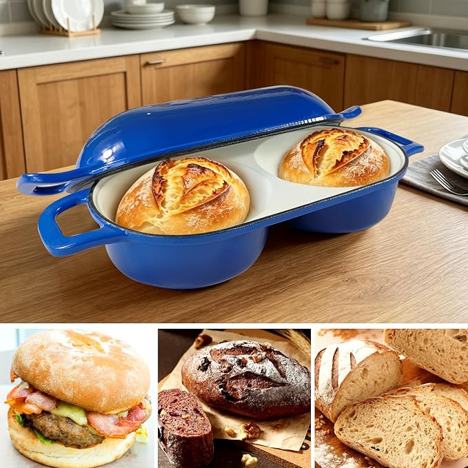 Enameled Cast Iron Bread Oven with Lid, 2.7 QT Double Loaf Dutch Oven for Sourdough Bread Baking, Dual Bread Pan for Artisan Homemade Bread, Even Heat Distribution, Oven Safe to 500°F