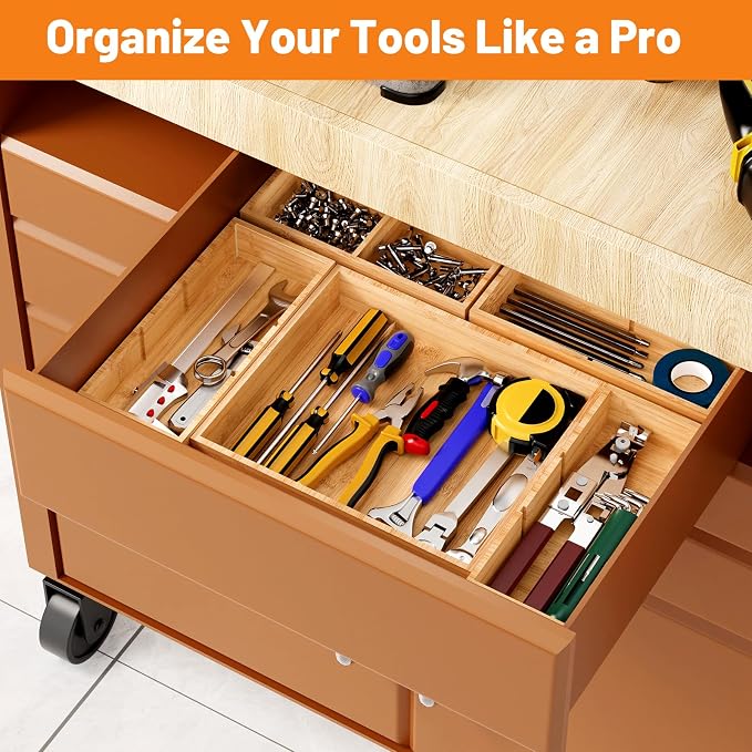Bamboo Drawer Organizer, 5-Piece Stackable Trays with Removable Dividers | Junk drawer organizer, assorted tray sizes, 5-11 customizable compartments, nestable, kitchen utensils, bathroom, office