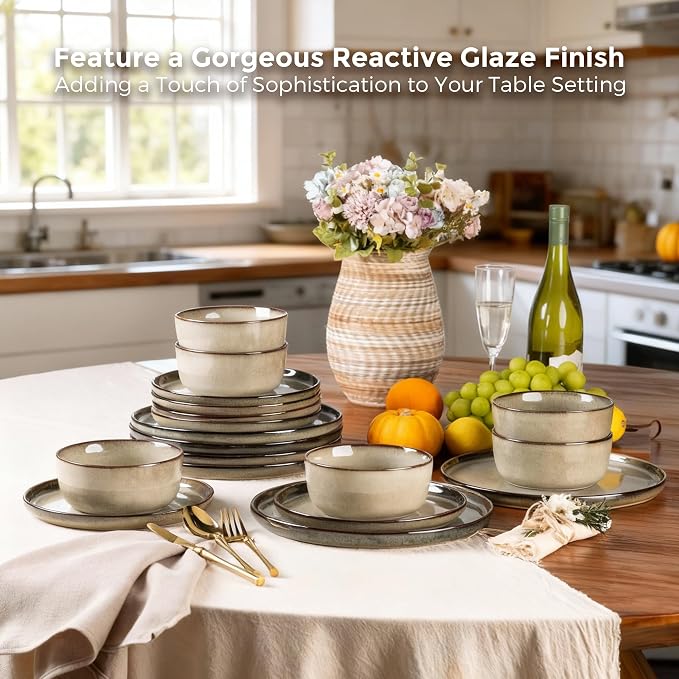 GBHOME Dinnerware Sets for 4, 12 Pieces Ceramic Plates and Bowls Set | Scratch Resistant Stoneware Dishes Set, Dishwasher & Microwave Safe, Reactive Glaze-Oatmeal