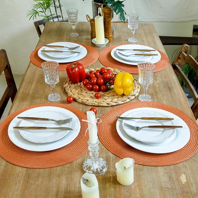 FunWheat Round Braided Placemats Set of 8 Table Mats for Dining Tables Woven Washable Non-Slip Place mats 15 inch(Pumpkin Orange,8pcs)
